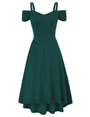 Women's Elegant Summer Cold Shoulder Dress Fit and Flare Evening Dresses for Cocktail Dark Green XL