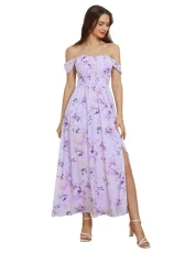 Womens Elegant Summer Floral Beach Maxi Dresses Smocked Chiffon Strappy Boho Dress Purpl