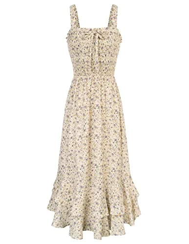 Womens Elegant Summer Floral Maxi Dresses Smocked Strappy Dress Dual Layer Beige with Purple Flower XL