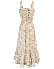 Womens Elegant Summer Floral Maxi Dresses Smocked Strappy Dress Dual Layer Beige with Purple Flower XL Womens Elegant Summer Floral Maxi Dresses Smocked Strappy Dress Dual Layer Beige with Purple Flower XL