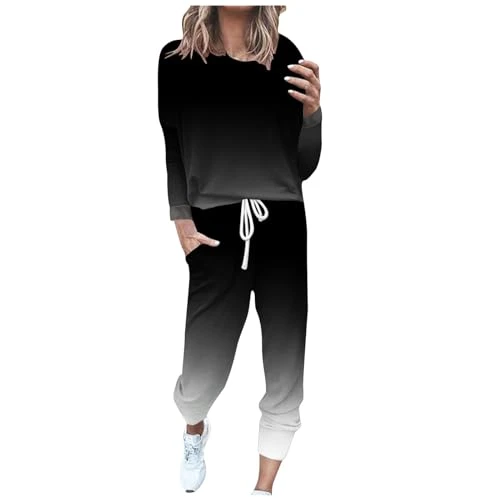 Women's Elegant Two-Piece Suit for Women Casual Fitness Training Outfits Comfortable Sportwear with Zipper Complete Set for Women Winter for Autumn Winter, Black, XL
