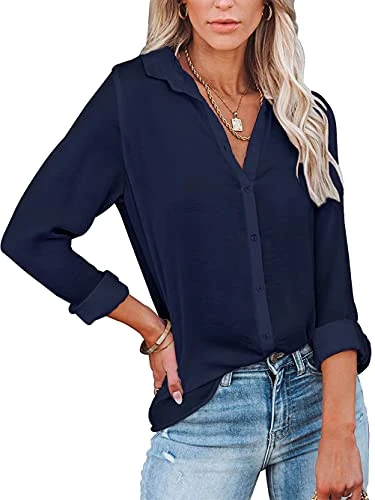 Women's Elegant V-Neck Long Sleeve Classic Plain Non-Iron Business Shirt with Buttons, #1: navy blue