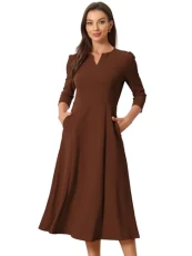Women's Elegant V Neck Pockets 3/4 Sleeve Work A-Line Dress Dark Brown M