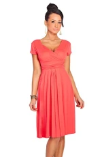 Women's Elegant V Neck Short Sleeve Knee Lenght Wrap Dress Viscose with Cotton 8416 Coral 14 UK (XL)