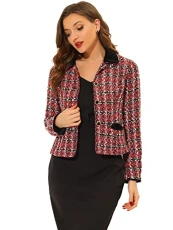 Women's Elegant Vintage Tweed Outwear Slim Fit Plaid Blazer Jacket Red 16