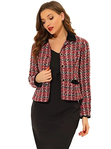 Women's Elegant Vintage Tweed Outwear Slim Fit Plaid Blazer Jacket Red 16