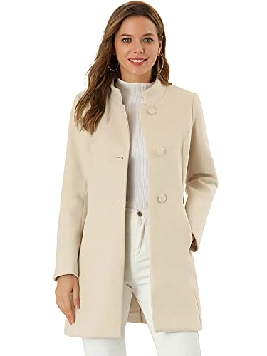 Women's Elegant Winter Overcoat Mid-thigh Stand Collar Single Breasted Long Coat Beige M