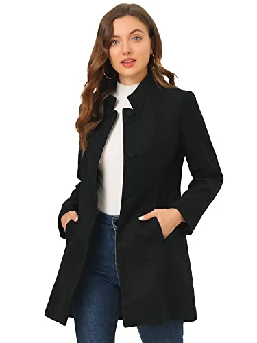 Women's Elegant Winter Overcoat Mid-thigh Stand Collar Single Breasted Long Coat Black M