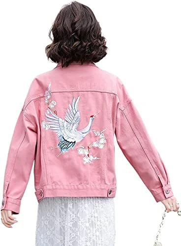 Women's Embroidered Denim Jacket Boyfriend Long Sleeve Trucker Jean Denim Jacket Coat (14, Pink)