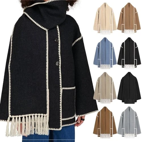 Womens Embroidered Scarf Jacket Oversized Wool Blend Jacket Long Sleeve Button Down Coat Winter Warm