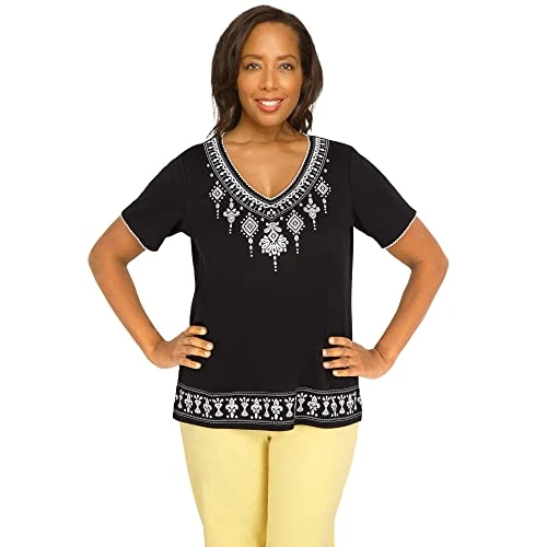 Women's Embroidered V-Neck Tee, Onyx, M