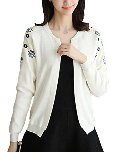 Womens Embroidery Flowers Fine Knit Cardigan Coat Round Neck Open Front Sweater Outwear White XL