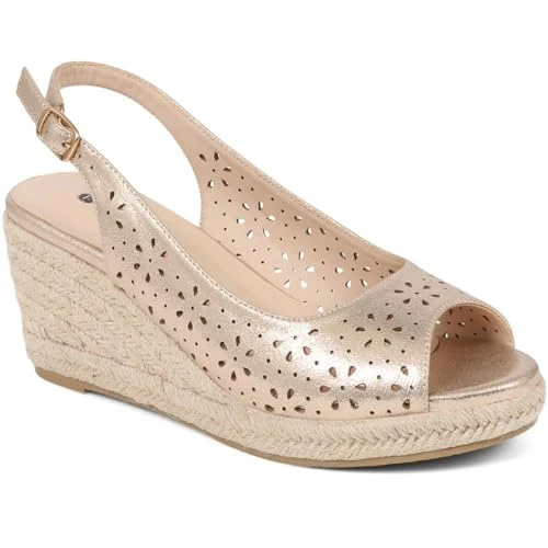 Women's Espadrille Wedge Heeled Sandals in Gold - Breathable Open Toe Shoes with Cut Out Details - C