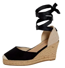 Womens Espadrille Wedge Sandals Ladies Strappy Hessian Wedges Summer Shoes Ankle Tie Leg Straps Blac