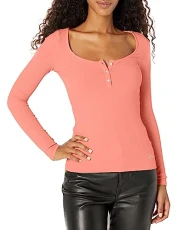 Women's Essential Long Sleeve Karlee Jewel Button Henley, Peach Brulee, S Women's Essential Long Sleeve Karlee Jewel Button Henley, Peach Brulee, S