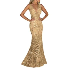 Womens Evening Dress Gold Prom Dress Bling Sequined Dress Ladies Sleeveless Dress Formal Wear Gowns 