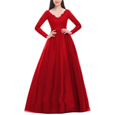 Women's Evening Dress Long Sleeve Heavy Bead Ball Dress Long Prom Dress Robe Women Gowns Red