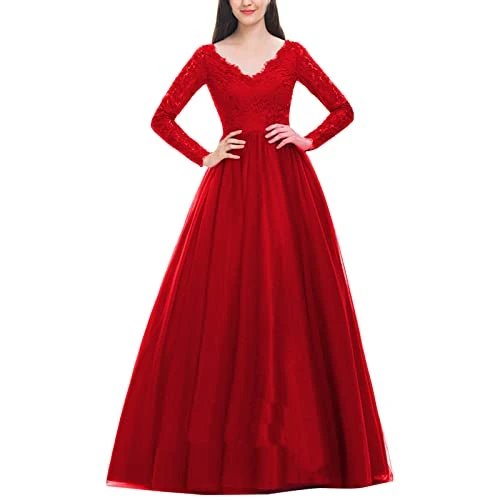 Women's Evening Dress Long Sleeve Heavy Bead Ball Dress Long Prom Dress Robe Women Gowns Red