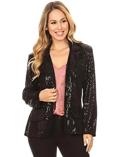 Women's Evening Sparkle Sequins Open Front Long Sleeve Blazer Jacket,Black,Small