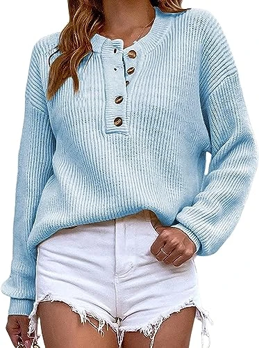 Women's Fall Casual Crewneck Sweatshirts Long Sleeve Button Down Knit Pullover Sweater Blue