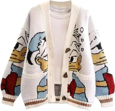 Womens Fall Cute Embroidery Cartoon Duck Cable Knit Cardigans Sweater Button Down Slouchy Wool Blend Coat White