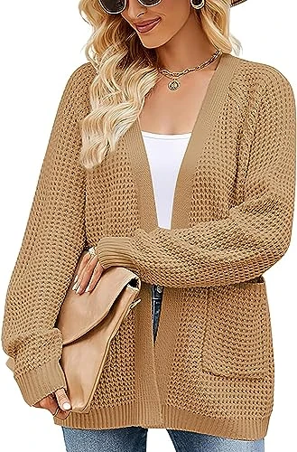 Women's Fall Open Front Waffle Knit Cardigan Sweater Cozy Slouchy Baggy Loose Outwear with Pockets Brown