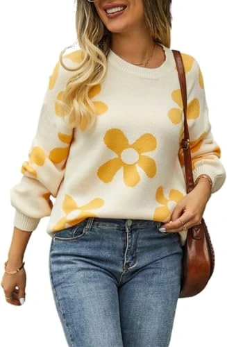 Womens Fall Pullover Cute Flower Sweaters Oversized Crewneck Cable Knit Aesthetic Sweater Apricot