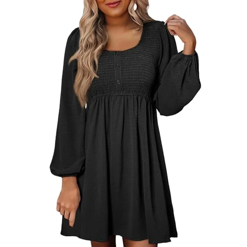 Womens Fall Summer Casual Dress Sweetheart Neckline Puff Sleeve Tunic Dress Ladies High Waist Dress Solid Color Beach Midi Short Wrap Dress Smock Dresses for Women UK(Black,XL)
