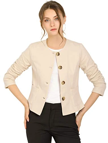 Women's Fall Vintage Jackets Casual Elegant Lightweight Button Short Jacket Beige M