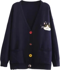 Women's Fall Winter Cute Embroidery Cartoon Cat Cardigans Sweater Button Down V Neck Slouchy Casual Comfy Sweater Coat Winter Coat Navy Blue Women's Fall Winter Cute Embroidery Cartoon Cat Cardigans Sweater Button Down V Neck Slouchy Casual Comfy Sweater Coat Winter Coat Navy Blue