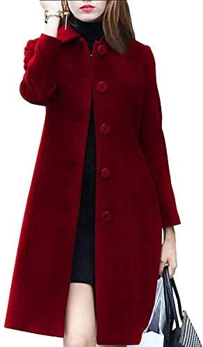 Women's Fall Winter Elegant Single Breasted Long Wool Blend Coat Overcoat (16, Red)