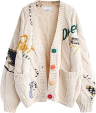Women's Fall Winter Warm Cable Knit Chunky Cable Knit Cardigan Sheep V-Neck Button Down Embroidery Wool Blend Sweater Coat Outwear Beige