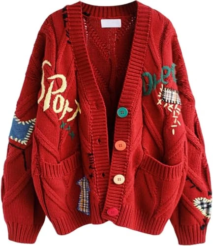 Women's Fall Winter Warm Cable Knit Chunky Cable Knit Cardigan Sheep V-Neck Button Down Embroidery Wool Blend Sweater Coat Outwear Red