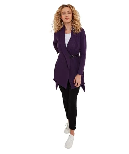 Women's Fashion Asymmetric Shawl Collar Buckled Cardigan, Regular Fit, Purple, UK 14