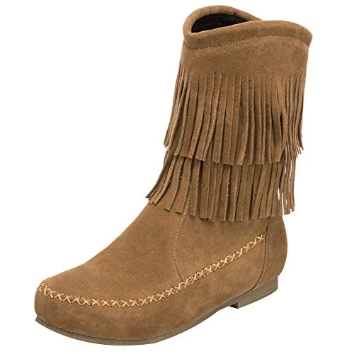 Women's Fashion Double-Fringe Moccasin Boots Mid-Calf Cowboy Boots Brown SN02781 UK4.5