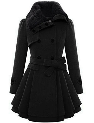 Women's Fashion Faux Fur Lapel Double-breasted Thick Wool Trench Coat Jacket - Black -