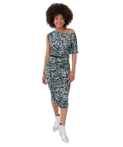 Women's Fashion Flattering Ruched Side Asymmetric Bodycon Jersey Midi Dress, Slim Fit, Grey, UK 14