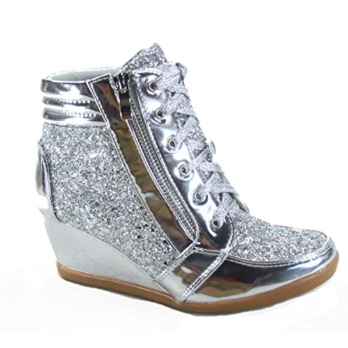 Women's Fashion Glitter High Top Lace Up Wedge Sneaker Shoes silver Size: 4.5 UK