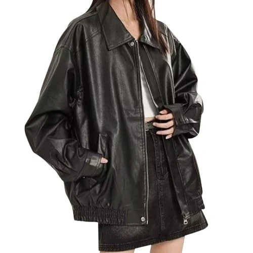 Womens Fashion Long Sleeve Oversized Leather Jacket Vintage Button Zip Up Leather Jacket With Pocket