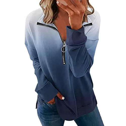 Womens Fashion Print Lapel Half Zipper Casual Loose Sweatshirt Fit Pullover Tops Long Sleeve Workout Shirts Gradient casual Polo shirt loose soft pullover ladies cropped blouses Dark Blue