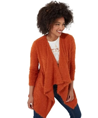 Women's Fashion Relaxed Fit Eyelash Knit Waterfall Cardigan, Relaxed Fit, Orange, UK 14