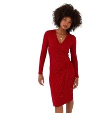 Women's Fashion Retro Geometric Print Flattering Ruched Jersey Dress, Regular Fit, Red, UK 16 Women's Fashion Retro Geometric Print Flattering Ruched Jersey Dress, Regular Fit, Red, UK 16