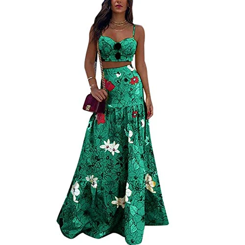 Women's Fashion Sexy Floral Dress Sexy Chest Wrap Vest and Floor Length Skirt 2PC Set Green