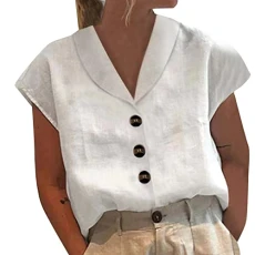 Womens Fashion Shirt Stand Collar Button Casual Short Sleeve Solid Color Top Medium Short White