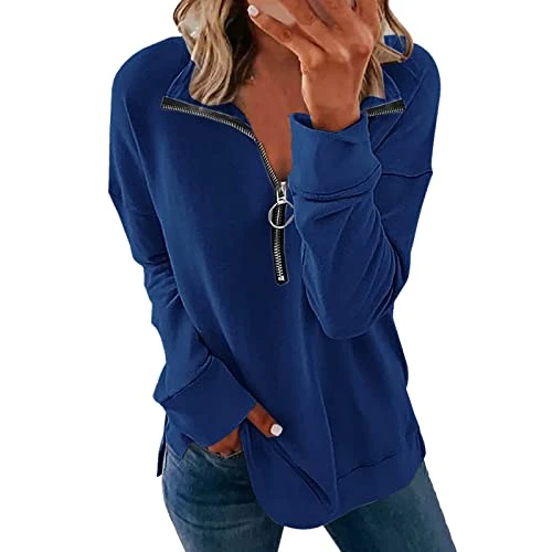 Womens Fashion Solid Lapel Half Zipper Casual Loose Sweatshirt Fit Pullover Tops Long Sleeve Workout Shirts Stand-up collar casual Polo shirt soft loose outdoor hiking long sleeve shirt