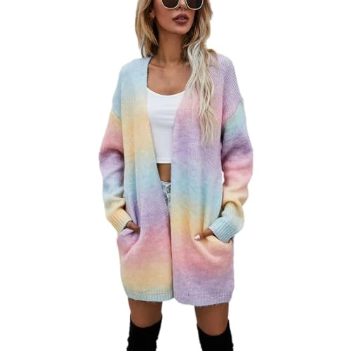 Women's Fashion Tie-Dye Rainbow Color Long Cardigan Coat Lightweight Open Front Knit Sweater Pink SN602C226 M