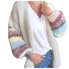 Women's Fashionable Knitted Long Cardigan Pullover for Women, Striped Cardigan, Knitted Coat Knitted Blazer Women's Cardigan Women's Short White Wool, White, M