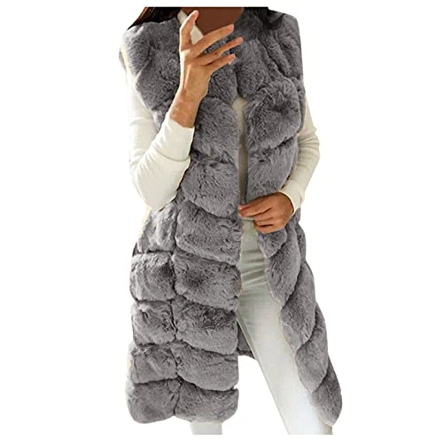 Women's Faux Fur Coat Jacket Winter Sleeveless Faux Fur Vest Outwear Open Front Luxury Fuzzy Gilet O