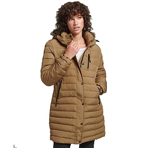 Womens Faux Fur Hooded Mid Length Puffer Jacket, Sandstone, 10