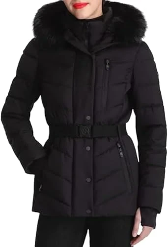 Women's Faux Fur Hooded Puffer Scuba Belted Coat Jacket Black XXL, Black, XXL